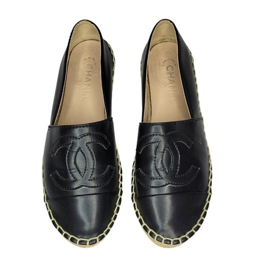 Chanel Espadrilles Womens Sz 6 Black Lambskin Interlocking CC Logo Perfect Gif